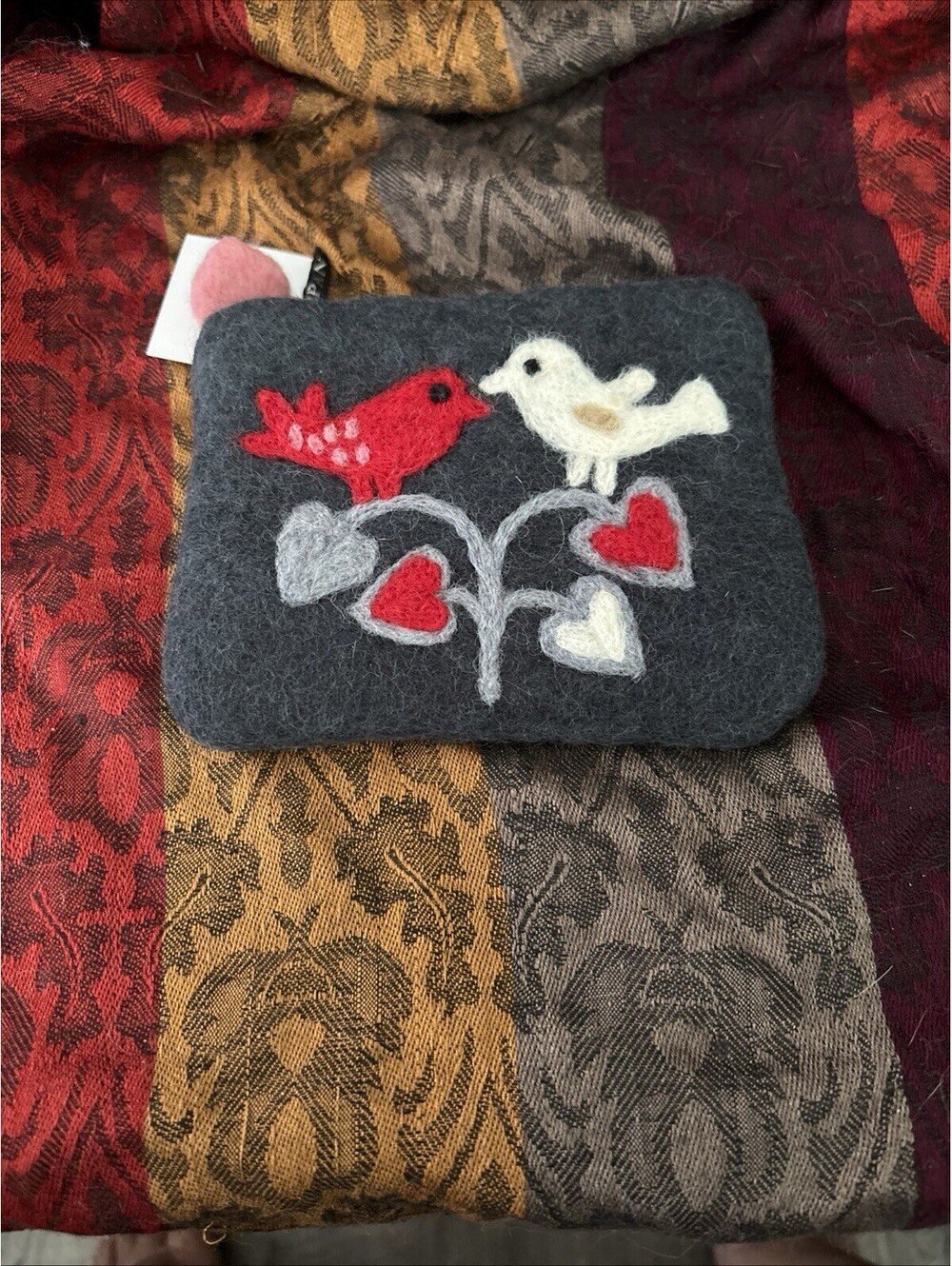 Klippan Brand Wool Coin Purse 5.5”x 4” Birds & Hearts NWT